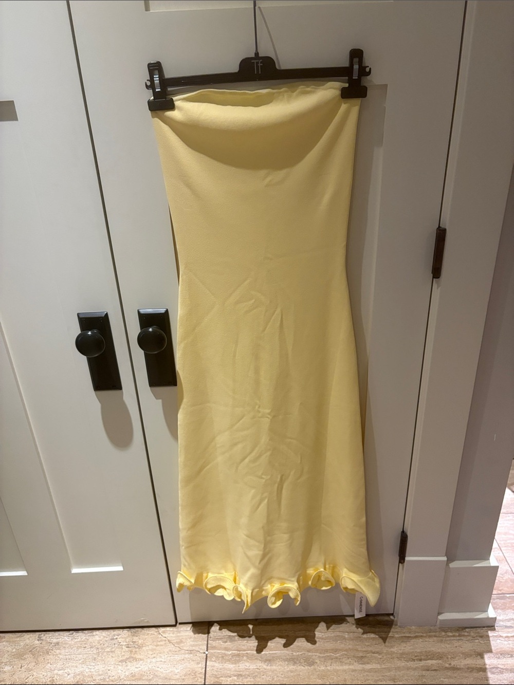 Commense Yellow Strapless Midi Dress with Ruffle Hem
